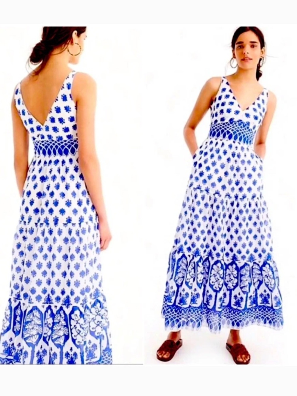 J Crew Santorini Blue White Tile Print Cotton Maxi Dress Size 8